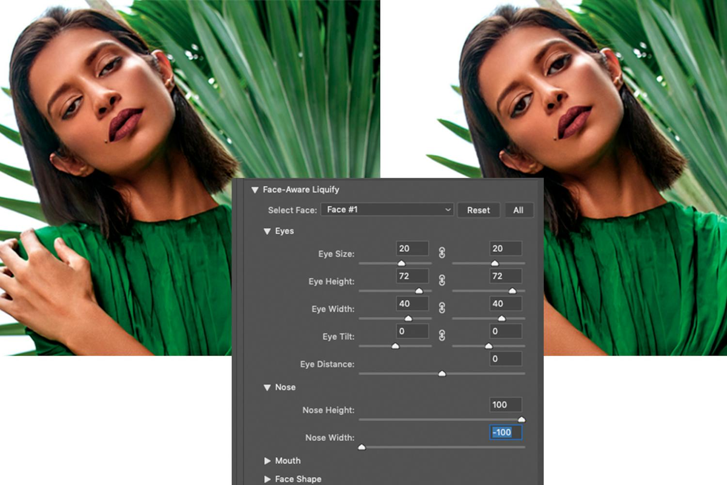 Endring av størrelsen på nese, ører og øyne i Photoshop